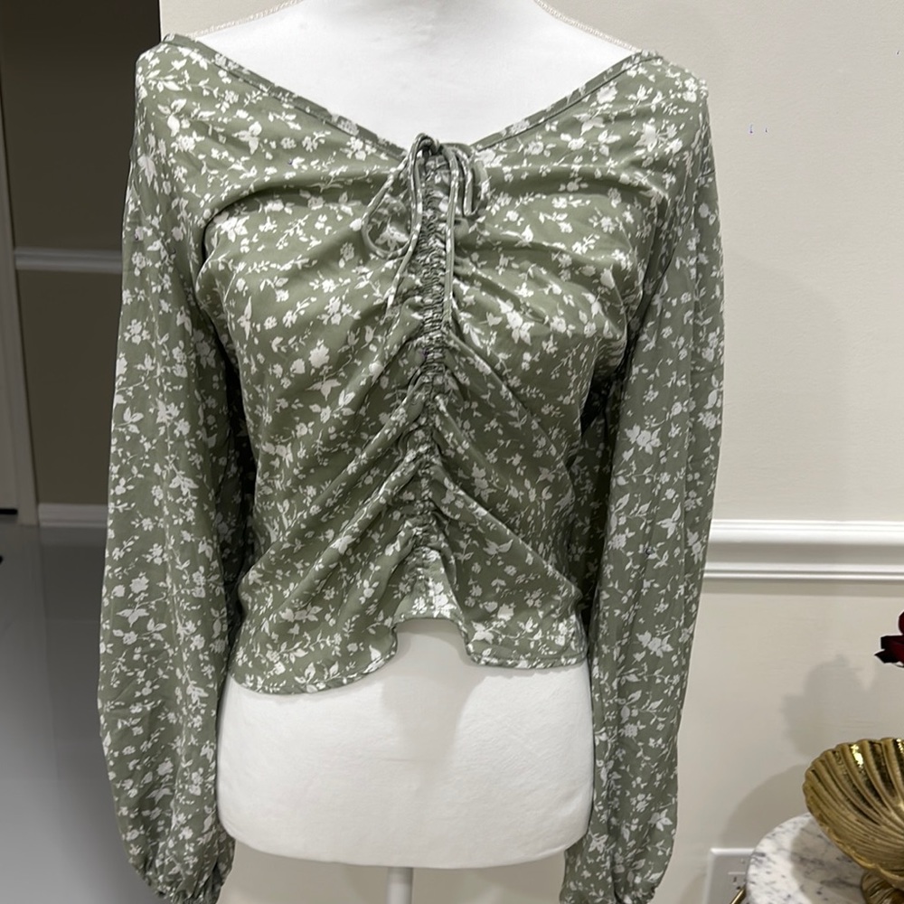 Abercrombie & Fitch Green Ruched Tie Front Blouse
